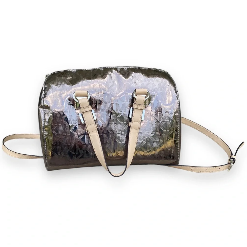 Michael Kors Grayson Nickel Mirror Metallic Logo Satchel Bag - Picture 5 of 12